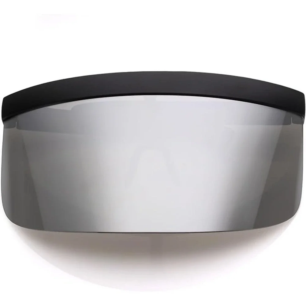 Shield Visor Sunglasses Futuristic Face Shield Black Frame Silver‎ Mirror Lens